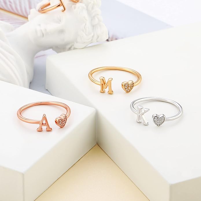 Valentines Day Gift Initial Rings for Teen Girls - S925 Heart Sterling Silver Rings for Teen Girls | 14K Gold/Rose Gold/Sterling Silver Plated Ring for Girls Kids Women Ring for Teenager Girls Gifts Adjustable, No Tarnish, Hypoallergenic