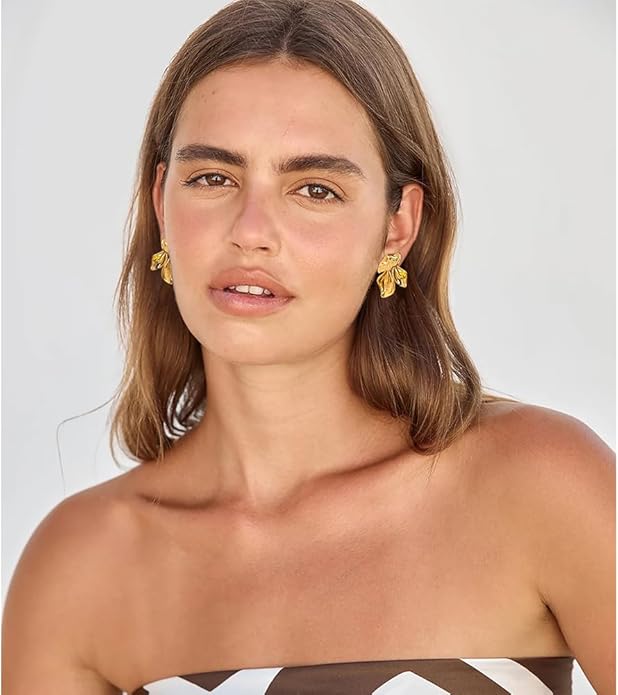 Chunky Gold Statement Earrings For Women Gold Plated Sectored Flower Leaf Shell Angel Wing Earrings Trendy Boho Jewelry For Women Large Stud Earrings Hypoallergenic Earrings