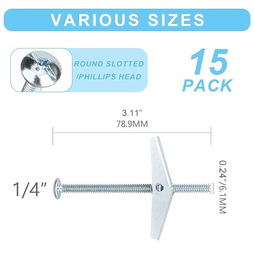 15 Pcs 1/4 Inch Toggle Bolts Heavy Duty Metal Drywall Anchors Kit | Dry Wall - Image 2