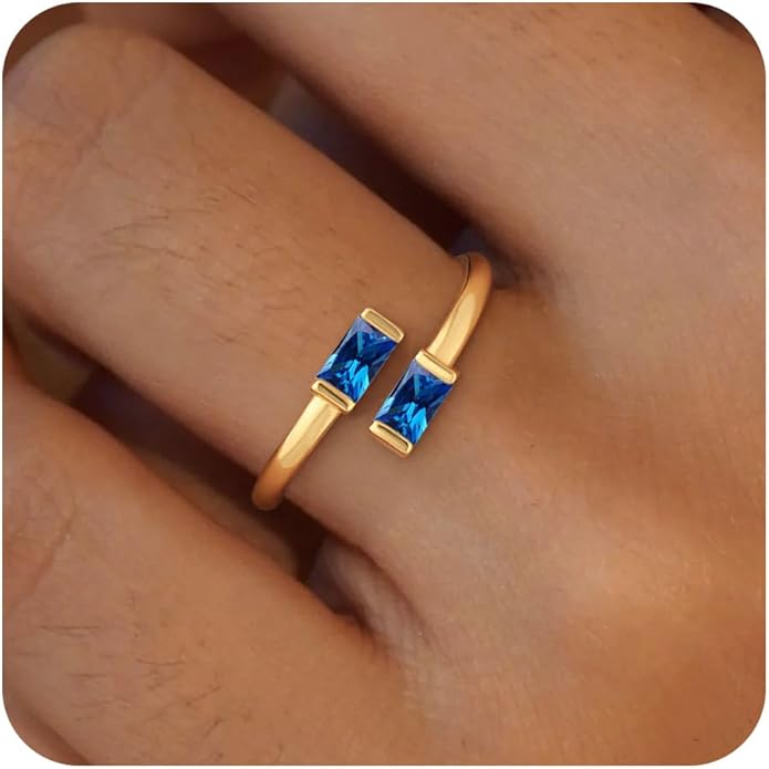 Honsny Gold Birthstone Rings for Women Non Tarnish 14K Gold Plated Adjustable Emerald Ring Cubic Zirconia Gemstone Promise Ring for Her Engagement Personalized Waterproof Jewelry Gifts for Birthday