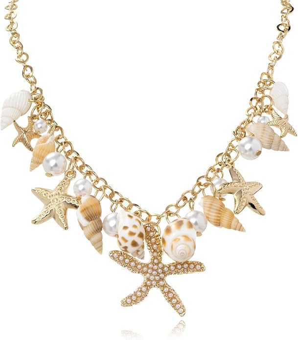 Gold Sea Shell Necklace Layered Charm Necklace for Women Boho Summer Seashell Beach Starfish Necklaces 14k Pearl Chain Surfer Jewelry Beach Vacation Essentials