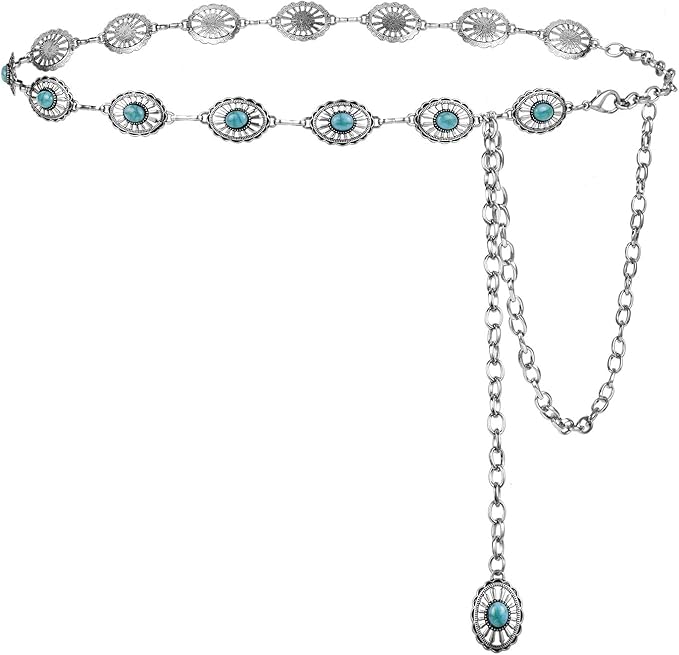 FIORETTO Metal Waist Chain Link Belt for Women Western Cowgirl Boho Turquoise Belts for Dress Jeans Country Concert Outfit