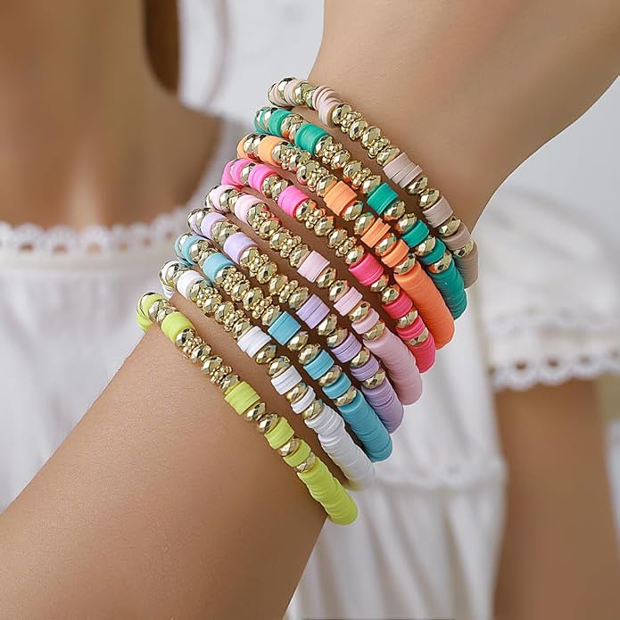 Friendship Bracelets Boho Stackable Bracelets for Women Surfer Heishi Clay Bead Bracelets Stretch Preppy Bracelets Colorful Boho Bracelets for Women