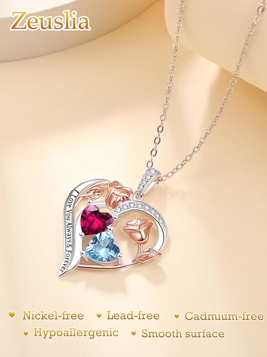 Valentine's Day Gifts for Wife 925 Sterling Silver Double Birthstone Pendant Necklaces I Love You for Always and Forever Necklace Anniversary Birthday Gifts for Wife Girlfriend Mom Her