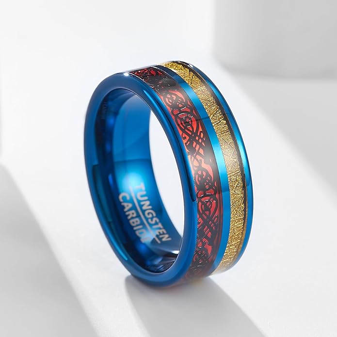 | Dual Dragon & Cloud Band - 8mm Wide Blue Tungsten Wedding Ring | Unisex Oriental Design