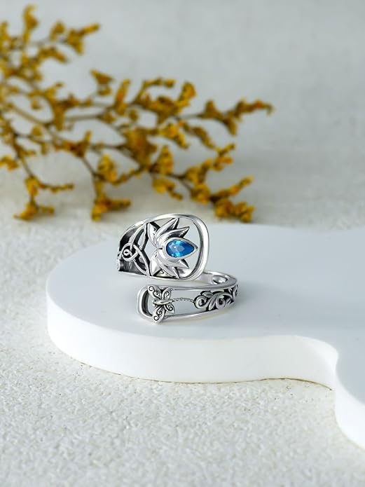 Midari Sun and Moon/Bee/Celtic/Life of Tree/Lotus Spoon Ring for Women 925 Sterling Silver Adjustable Ring Open Ring for Women Men Halloween Birthday Gift