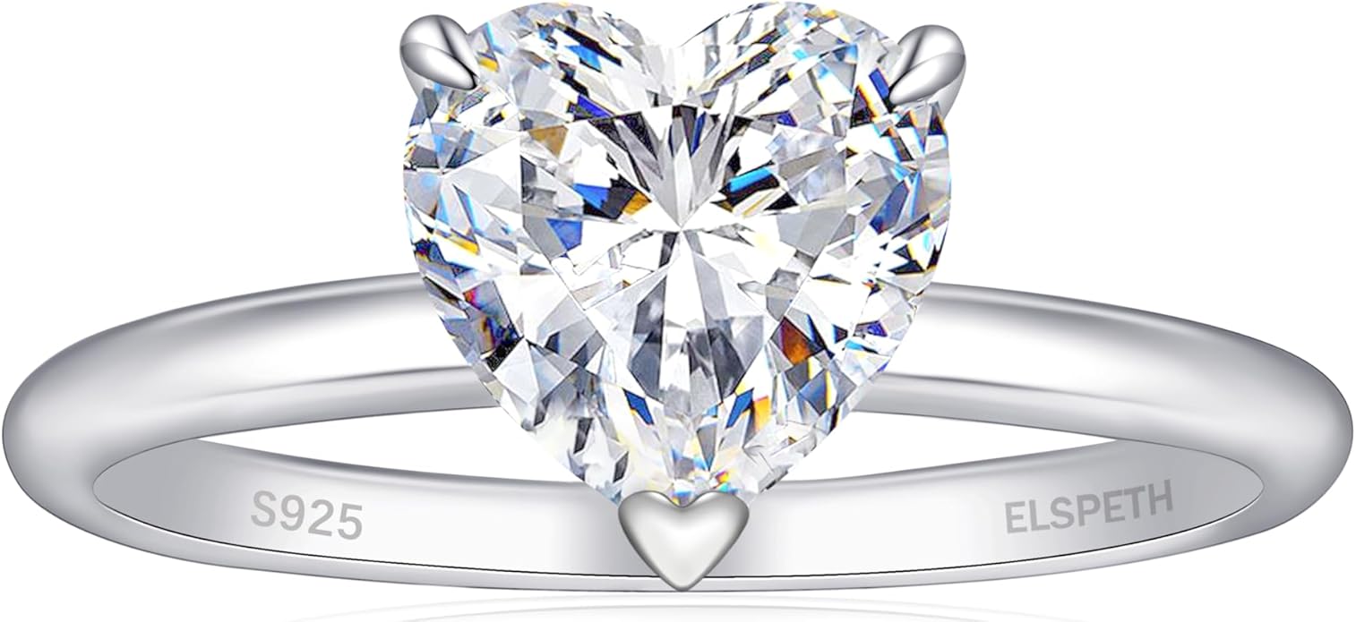 Elspeth 925 Sterling Silver Heart Engagement Ring for Women Heart Cut Cubic Zirconia Promise Ring Size 4-10