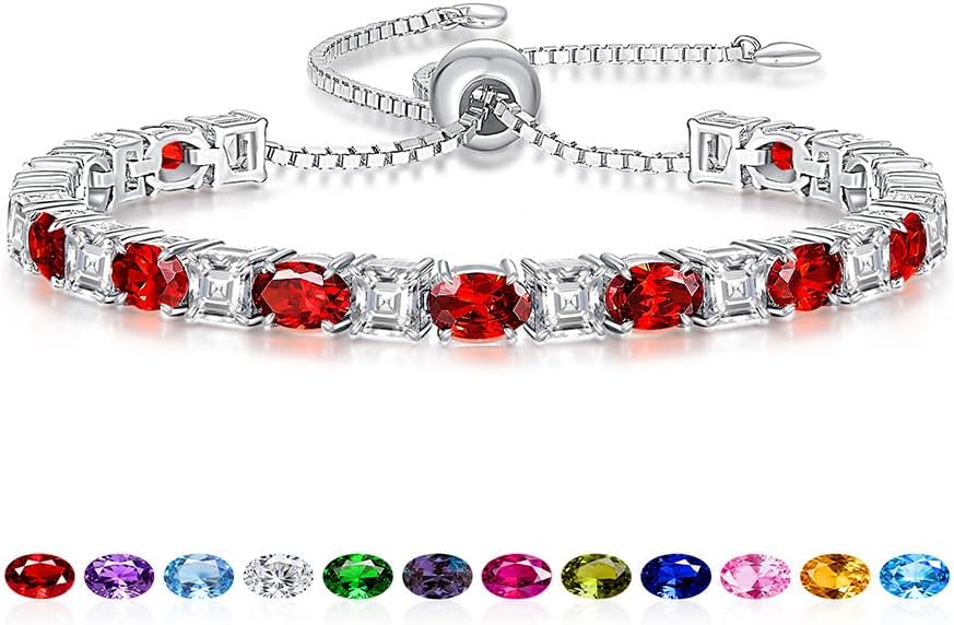 Sterling Silver Birthstone Bracelets for Women White Gold Tennis Bracelets Adjustable Chain 6-9 Inchs Jewelry Hypoallergenic Anniversary Birthday Gifts for Women Mom Wife Her