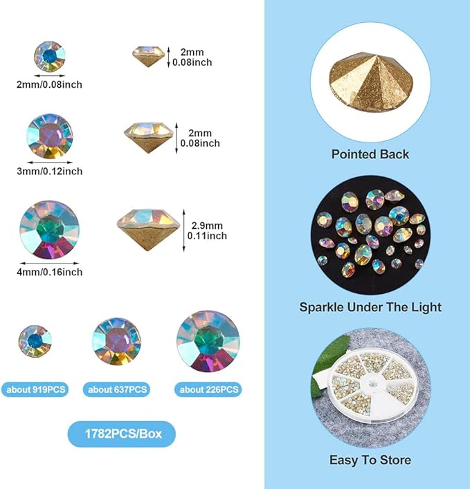 Fashewelry 1782pcs Pointed Back Faceted Glass Rhinestones 2mm/3mm/4mm Crystal AB Diamond Loose Stones with Gold Back for DIY Jewelry Making Replacement