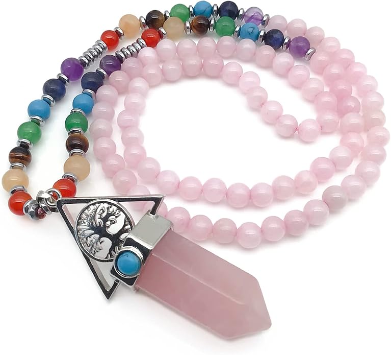 EDEN'S CALL Tree of Life 7 Chakra Stone Beads Necklace for Women and Men Hexagonal Crystal Point Pendant Necklace