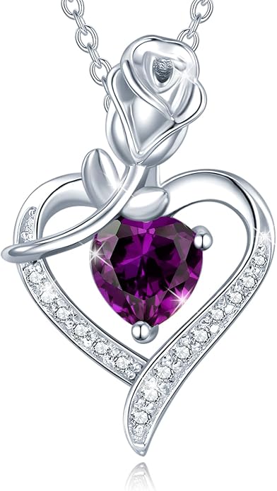 AGVANA Valentines Day Gifts Rosy Reverie Birthstone Necklace for Women Sterling Silver Genuine or Created Gemstone Rose Flower Heart Pendant Necklace Anniversary Birthday Gifts for Women Mom Wife Her