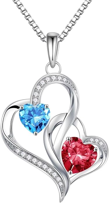 Iefil Valentines Day Gifts for Her - 925 Sterling Silver Double Birthstone Necklace, Heart Necklaces for Women, Anniversary Birthday Gifts, Personalized Jewelry Gift for Wife Mom Girlfriend