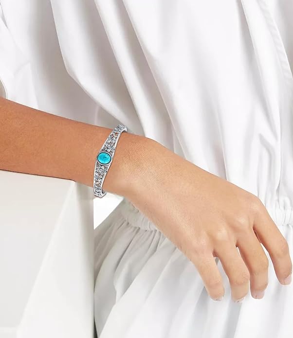 Genuine Turquoise Cuff Bracelet for Women, Sterling Silver Western Vintage Floral Bangle Native American Jewelry, For 6.5-7.5 Inch Wrists