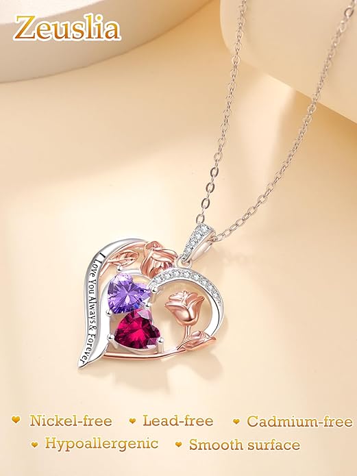 Valentine's Day Gifts for Wife 925 Sterling Silver Double Birthstone Pendant Necklaces I Love You for Always and Forever Necklace Anniversary Birthday Gifts for Wife Girlfriend Mom Her