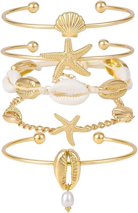 Shell Bracelet Seashell Boho Beaded Stretch Bracelets for Women Summer Beach Bracelets Starfish Charm Bracelet Stackable Gold Plated Bracelets Set for Women
