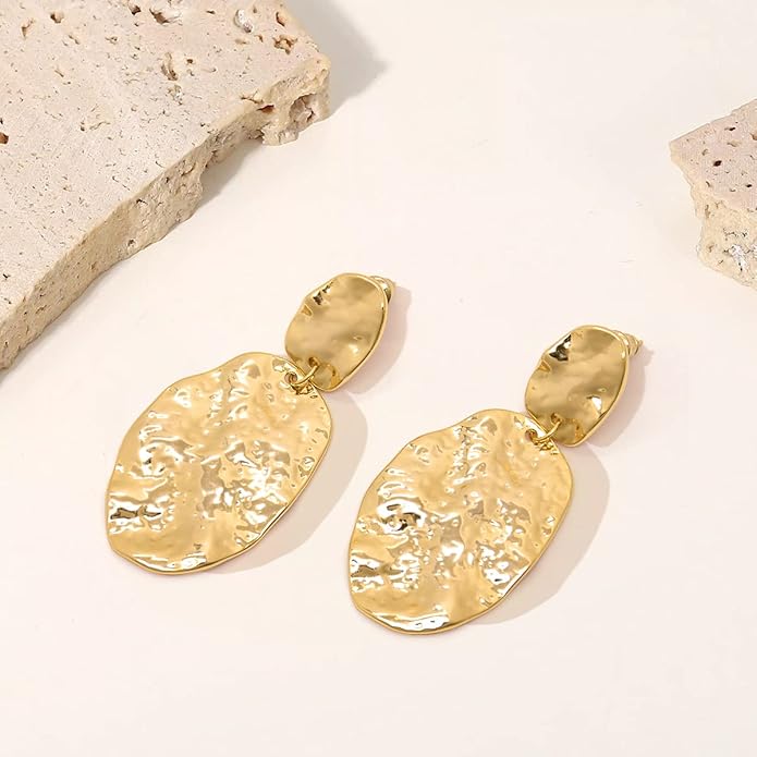 Chunky Gold Earrings for Women - Hammered Gold Plated Dangle Drop Jewelry Gifts