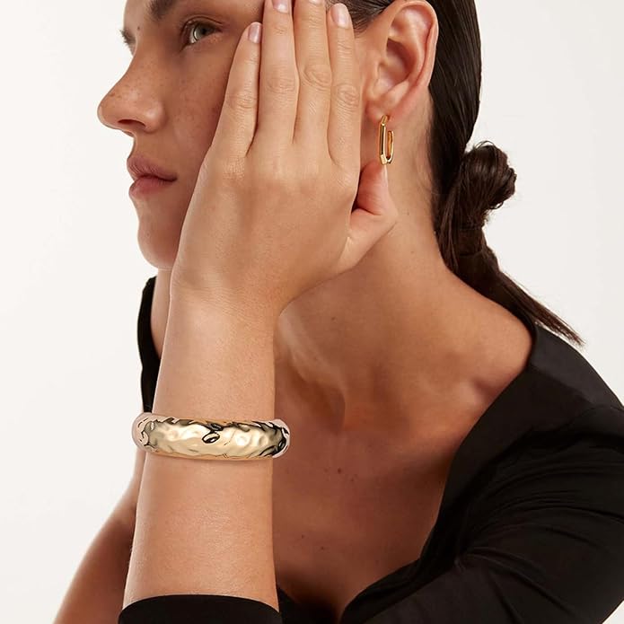 HZMAN 18K Gold Plated Wide Cuff Bracelet for Women - Premium Alloy Shiny Polished Double Layer Statement Bangle, Trendy Daily Wear Party Jewelry Accessory