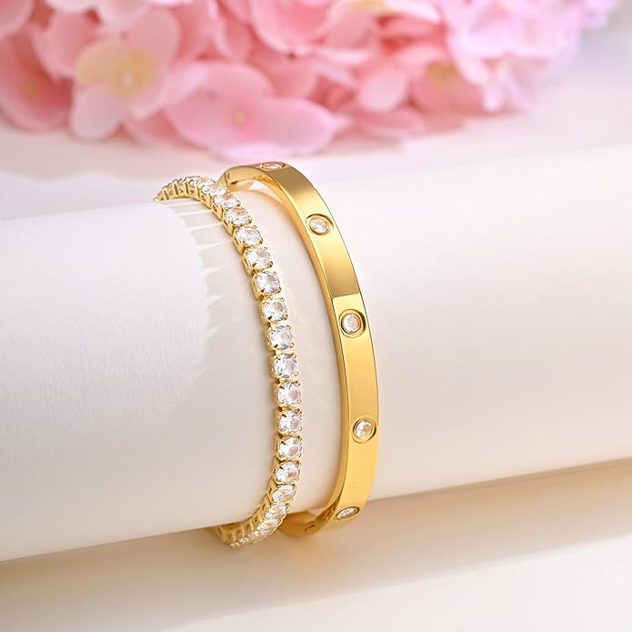 Stackable Gold Bracelets for Women - 2Pcs 18K Gold Plated Cubic Zirconia Bangle Bracelet Friendship Tennis Bracelet Stack Jewelry,Party Christmas Birthday Gifts for Her Girlfriend Sister Wife Daughter