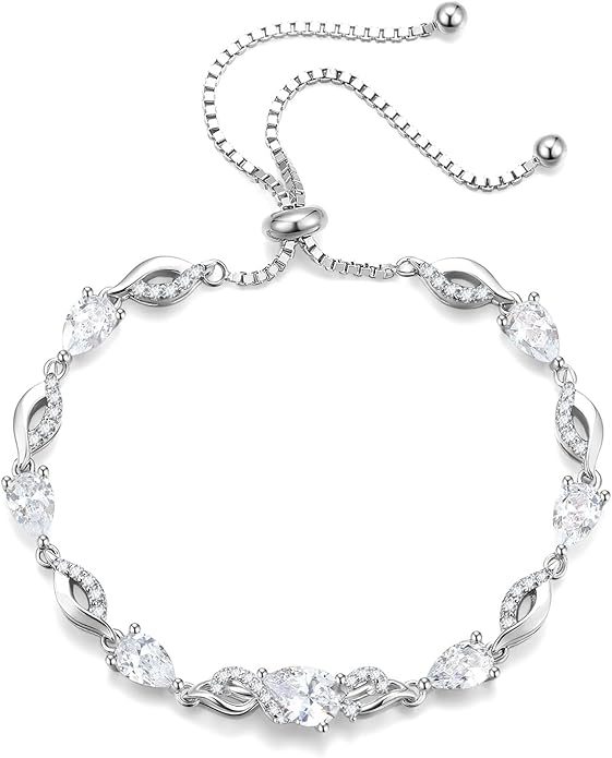 FANCIME Birthstone Teardrop Tennis Bracelet for Women, Sterling Silver 9x7mm main Gemstone Bolo Adjustable Chain Bracelet Fine Jewelry Birthday Gifts for Women Mom Wife Her