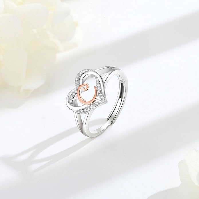 INFUSEU 925 Sterling Silver Initial Heart Ring for Women Girls, Adjustable Size