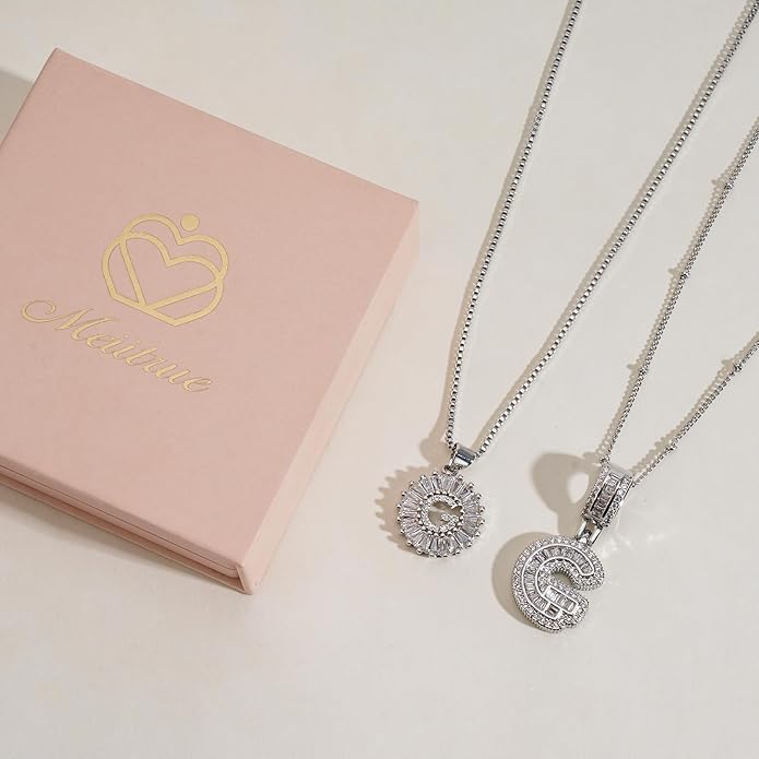 Initial Letter Necklace for Women 14k White Gold Silver Plated Dainty Necklaces Trendy Chunky Custom Layered Necklace Set Personalized Round Circle Zirconia A-Z Letter Chain Pendant Jewelry Gift