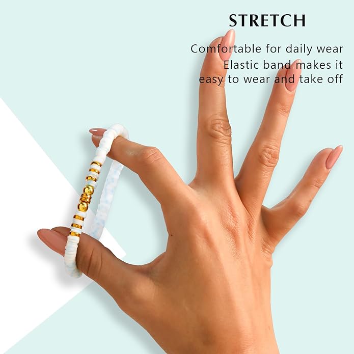 Friendship Bracelets Trendy Heishi Clay Bead Bracelets Stack Gold Beaded Stretch Bracelets for Women Boho Stackable Bracelets Bulk Cute Preppy Jewelry