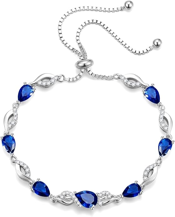 FANCIME Birthstone Teardrop Tennis Bracelet for Women, Sterling Silver 9x7mm main Gemstone Bolo Adjustable Chain Bracelet Fine Jewelry Birthday Gifts for Women Mom Wife Her