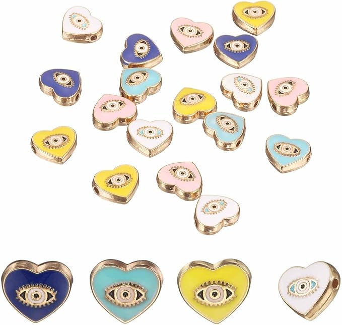 MECCANIXITY 20 Pcs Heart Evil Eye Beads Colorful Flat Loose Spacer Evil Eye Charms for DIY Bracelet Earrings Necklace Crafts Jewelry Making, Pink/Sky Blue/Yellow/Black/White