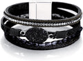 Fesciory Leopard Bracelet for Women, Boho Leather Wrap Multi-Layer Pearl Crystal Bracelet Bangle Jewelry