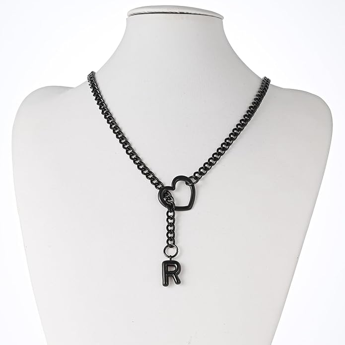 Black Heart Slip Chain Initial Necklaces for Women,Stainless Steel O-Ring Adjustable Lariat Heart Y-Necklace,Punk Gothic Cuban Collar Choker Necklace for women