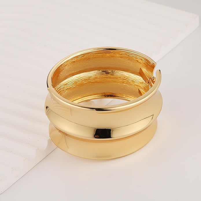 HZMAN 18K Gold Plated Wide Cuff Bracelet for Women - Premium Alloy Shiny Polished Double Layer Statement Bangle, Trendy Daily Wear Party Jewelry Accessory