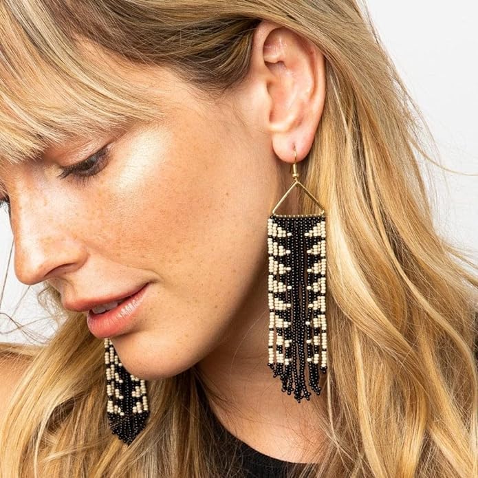 INK+ALLOY Beaded Earrings for Women Dangling, Emilie Seed Bead Long Fringe Statement Boho Earrings, Hypoallergenic Handmade Jewelry for the Modern Bohemian, 4.5-Inch