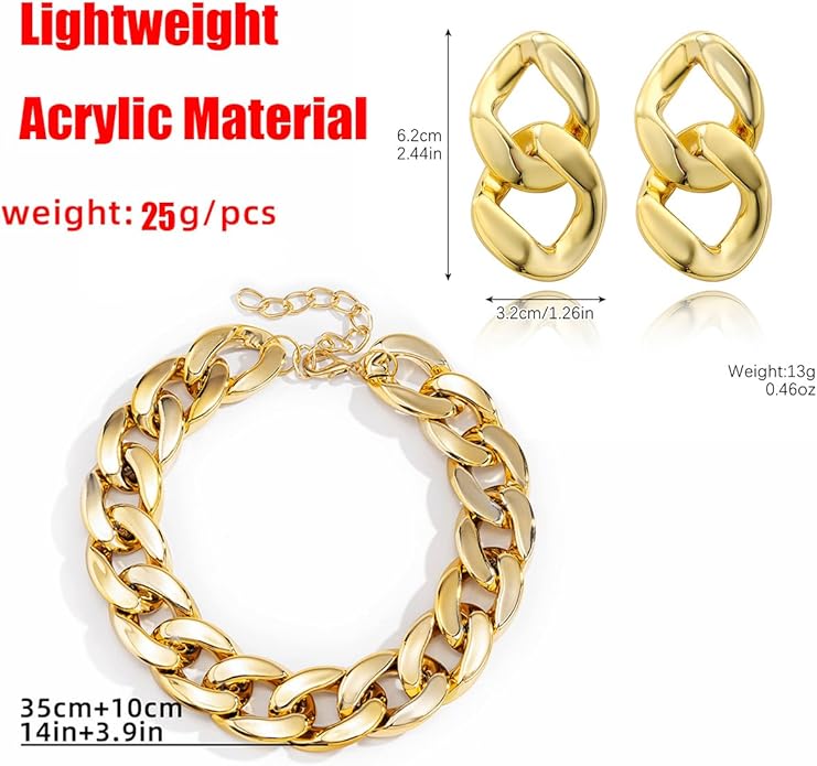 YOOESTORES82 Acrylic Gold Chunky Chain Necklace Earrings Set for Women,Punk Short Thick Wide Cuban Link Choker Necklaces Trendy Drop Dangle Earring Jewelry Set
