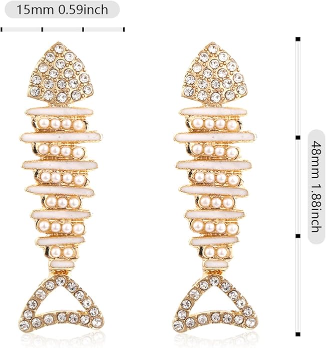 Creative Exaggerated Long Colorful Sparkly Crystal Fish Bone Dangle Drop Earrings Vintage Gold Cute Enamel Diamond Animal metal Stud Earrings