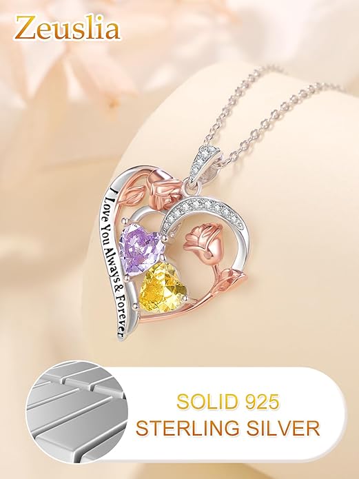 Valentine's Day Gifts for Wife 925 Sterling Silver Double Birthstone Pendant Necklaces I Love You for Always and Forever Necklace Anniversary Birthday Gifts for Wife Girlfriend Mom Her