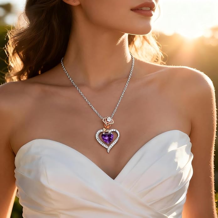 immobird Rose Gold Heart Necklace Birthstone Jewelry Sterling Silver Jewelry Plated White Gold Valentine's Day Gift Women for Wife Mom Necklace for Women