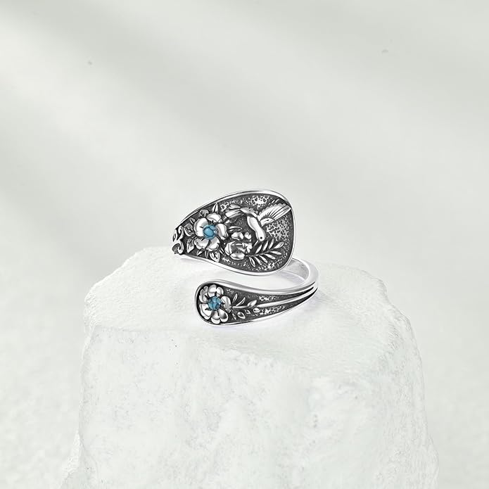 Hummingbird/Dragonfly Turquoise Ring 925 Sterling Silver Floral Spoon Rings Vintage Thumb Band Oxidized Wrap Adjustable Bands Jewelry Gifts for Women Wife Mother Christmas Birthday
