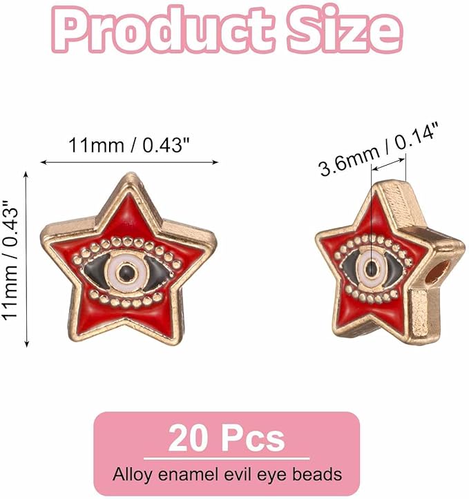 MECCANIXITY 20 Pcs Star Evil Eye Beads Colorful Flat Loose Spacer Evil Eye Charms for DIY Bracelet Earrings Necklace Crafts Jewelry Making, Red