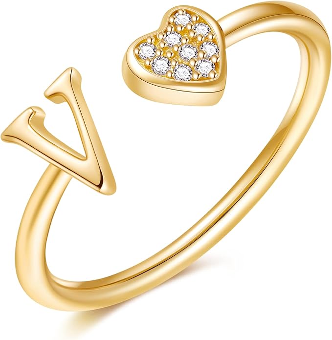 Valentines Day Gift Initial Rings for Teen Girls - S925 Heart Sterling Silver Rings for Teen Girls | 14K Gold/Rose Gold/Sterling Silver Plated Ring for Girls Kids Women Ring for Teenager Girls Gifts Adjustable, No Tarnish, Hypoallergenic