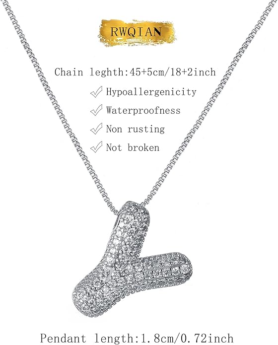 RWQIAN Letter Necklace for Women Bubble, Chunky Initial Alphabet A-Z Pendant Puffy Name Personalized Necklace Dainty Zircon CZ Fashion Jewelry Gifts for Girls Girlfriend