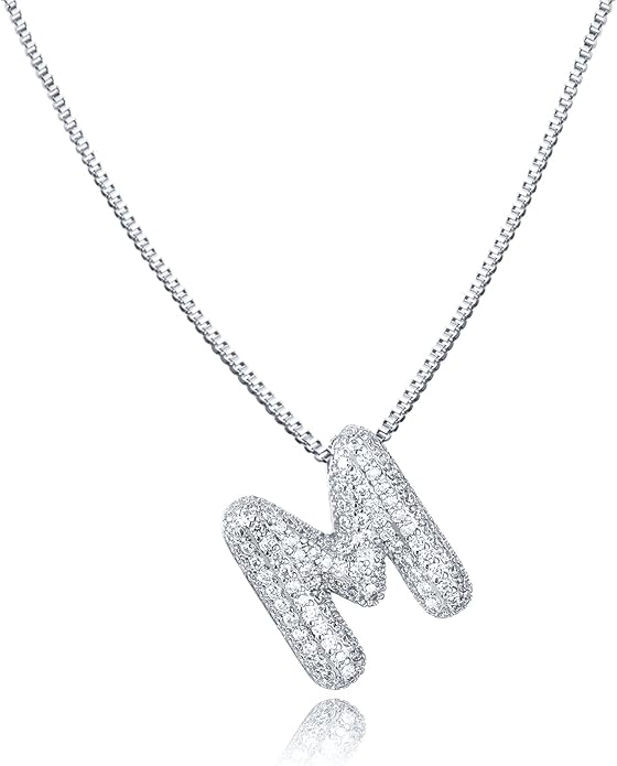 SKQIR Diamond Initial Letter Necklace for Women Bubble Gold Plated Puffy Balloon Alphabet Crystal Zircon Pendant Name Necklace Dainty Charms Trendy Jewelry Gift for Women