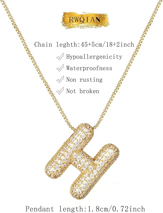 RWQIAN Letter Necklace for Women Bubble, Chunky Initial Alphabet A-Z Pendant Puffy Name Personalized Necklace Dainty Zircon CZ Fashion Jewelry Gifts for Girls Girlfriend