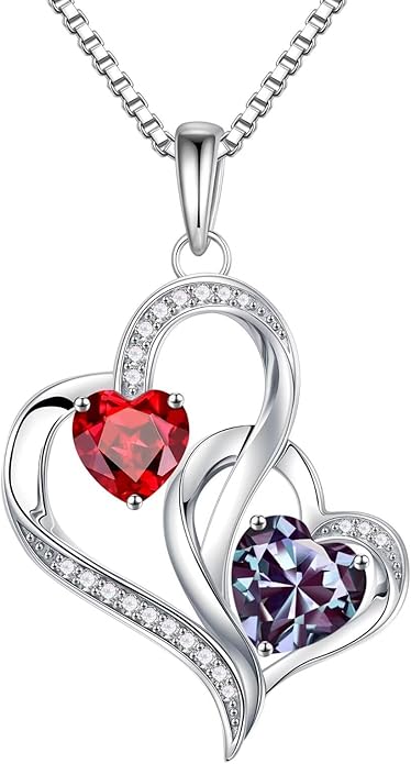 Iefil Valentines Day Gifts for Her - 925 Sterling Silver Double Birthstone Necklace, Heart Necklaces for Women, Anniversary Birthday Gifts, Personalized Jewelry Gift for Wife Mom Girlfriend