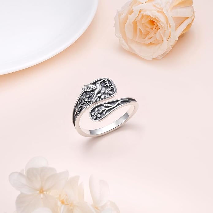 925 Sterling Silver Spoon Rings Butterfly/Dragonfly/Hummingbird/Cross Adjustable Sunflower Thumb Ring For Women Turquoise Boho Ring Vintage Rings Unique Jewelry Present for Christmas Mother's Day