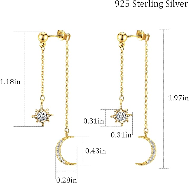 Moon and Star dangle Earrings for Women Chain Tassel with Cubic Zirconia Drop Celestial Jewelry for Wedding Gift