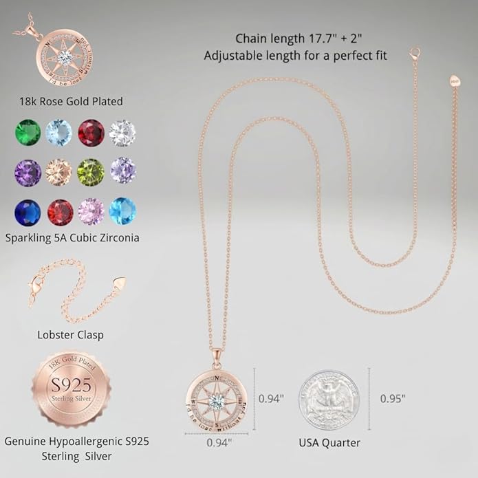 Compass Necklace for Women Wife Girlfriend Mom Daughter Gifts S925 Sterling Silver Jewelry For Anniversary Rose Gold Gifts For Birthday Christmas Mothers Valentines Day 12 Birthstones