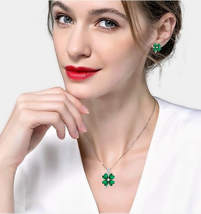 VONSSY Four Leaf Clover Necklace Earrings Shamrock Irish ST Patricks Jewelry Set Gift 18k Gold Plated Green Emerald Zircon Diamond Crystal Lucky Saint Pendant for Woman Wife Girlfriend Mom