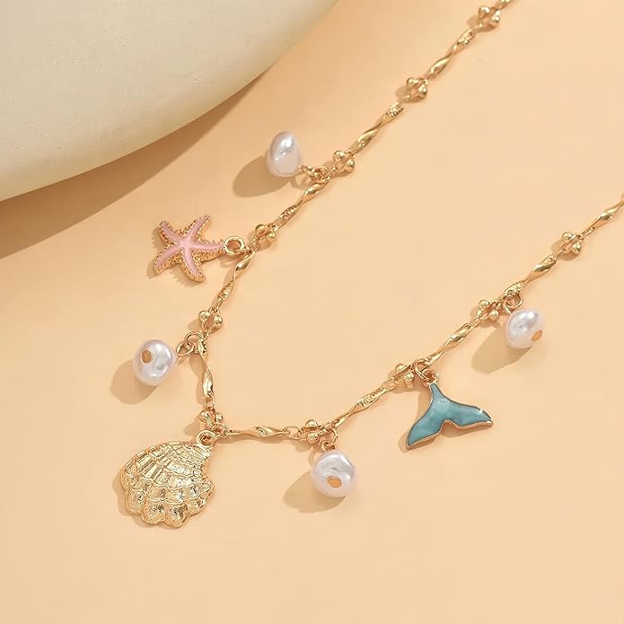 Shell Starfish Necklace for Women, 14k Gold Plated Boho Layered Beaded Charm Pendant Necklace, Dainty Adjustable Pearl Conch Summer Beach Vacation Jewelry Gifts