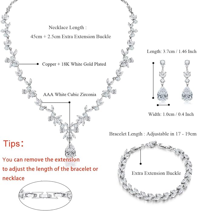 Hadskiss Jewelry Set for Women, Necklace Dangle Earrings Bracelet Set with White AAA Cubic Zirconia, Allergy Free Wedding Party Jewelry for Bridal Bridesmaid
