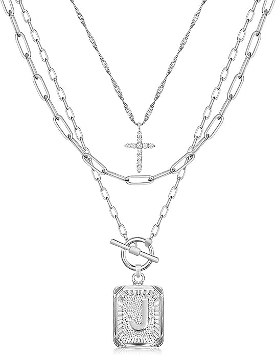 MJartoria Layered Initial Necklaces for Women Trendy, 14K Gold Plated Brass Simple Dainty Cross Choker Square Letter Pendant Necklace, Paperclip Chain Necklaces Jewelry